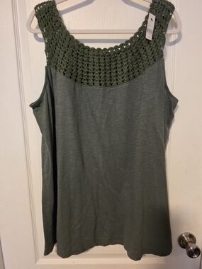 Lane Bryant Olive Green Crochet Yoke Tank